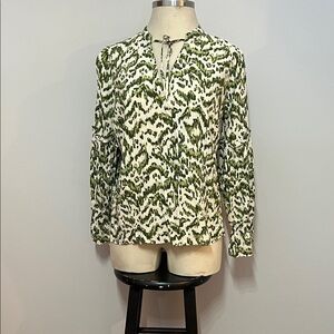 Eloquii Green and White Abstract Geometric Printed Peasant Blouse Long Sleeve